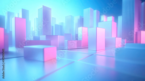 A futuristic cityscape with glowing geometric shapes in pastel colors.