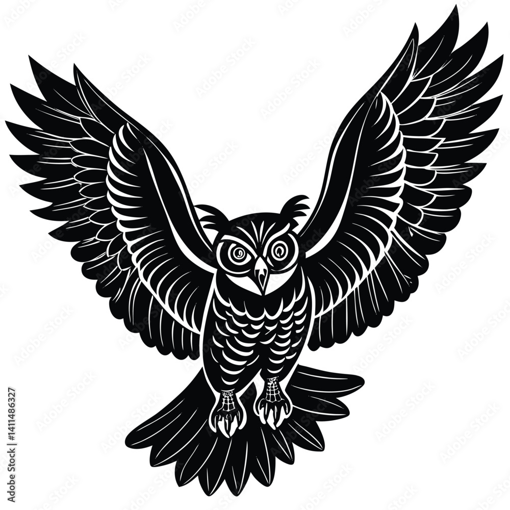 Fototapeta premium Black and White Stylized Owl in Flight Illustration
