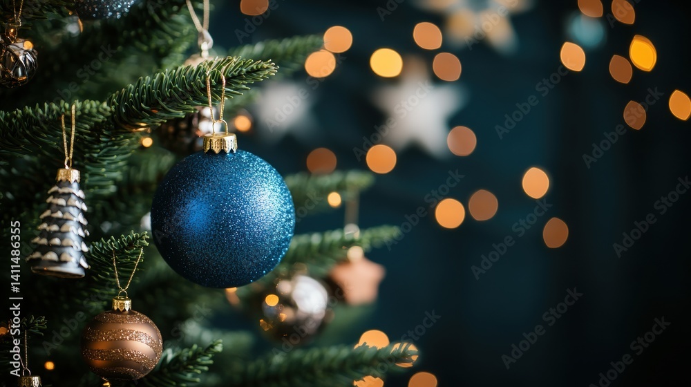 Fototapeta premium Close-up of a beautifully decorated Christmas tree featu a striking dark blue bauble surrounded by sparkling ornaments and warm bokeh holiday lights