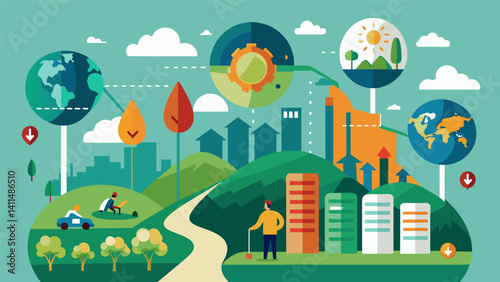 A series of infographics displayed at a community fair illustrating how deforestation affects carbon levels in the atmosphere.. Vector illustration