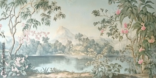 Wallpaper serene tropical landscape painting in pastel tones