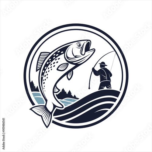 WFishing Logo with Angler in Boat Catching Big Fish – Retro Style Vector Illustration for Outdoor Adventure and Sport Fishing Brandingeb