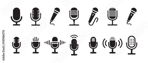 Microphone Icons set. Variant microphone icon. Karaoke mic, Podcast mike, journalist microphone, karaoke, conference. Vector Illustration 