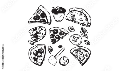 Set of pizza ingredients in doodle style isolated. Design on white background