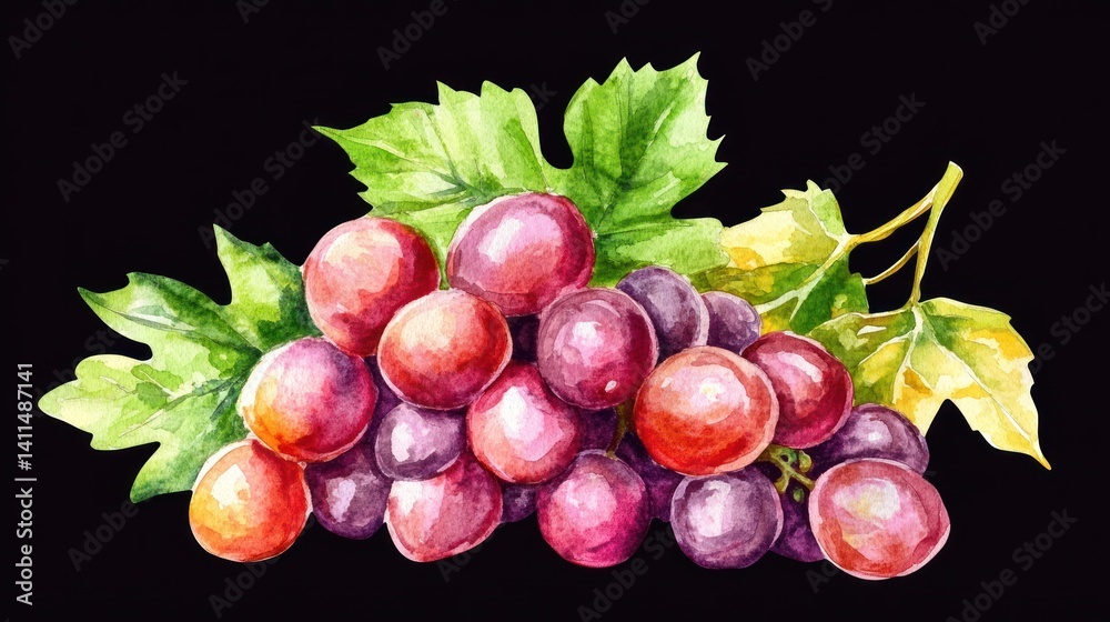Obraz premium Watercolor Red Grapes, Leaves, Dark Background, Food Design