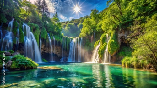 Majestic Waterfall Surrounded by Lush Green Forest Under Bright Sun