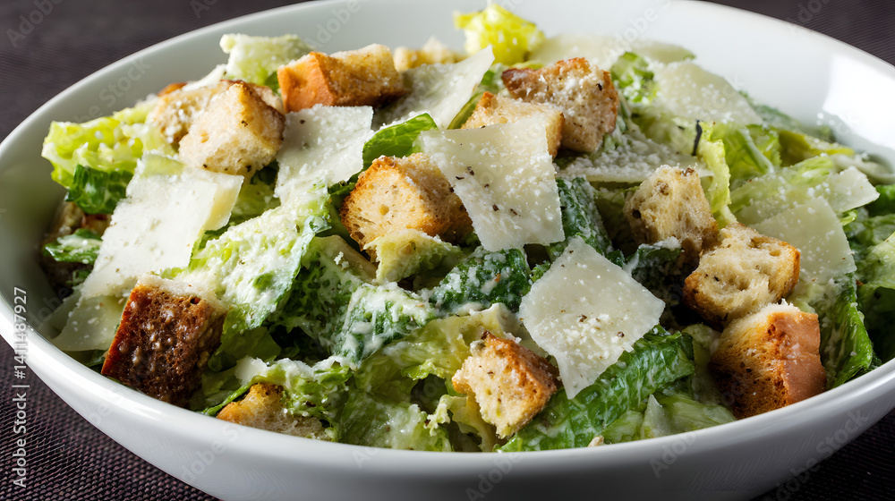 Photorealistic Classic Caesar Salad with Croutons and Parmesan in a White Bowl Photorealistic Classic Caesar Salad with Croutons and Parmesan in a White Bowl