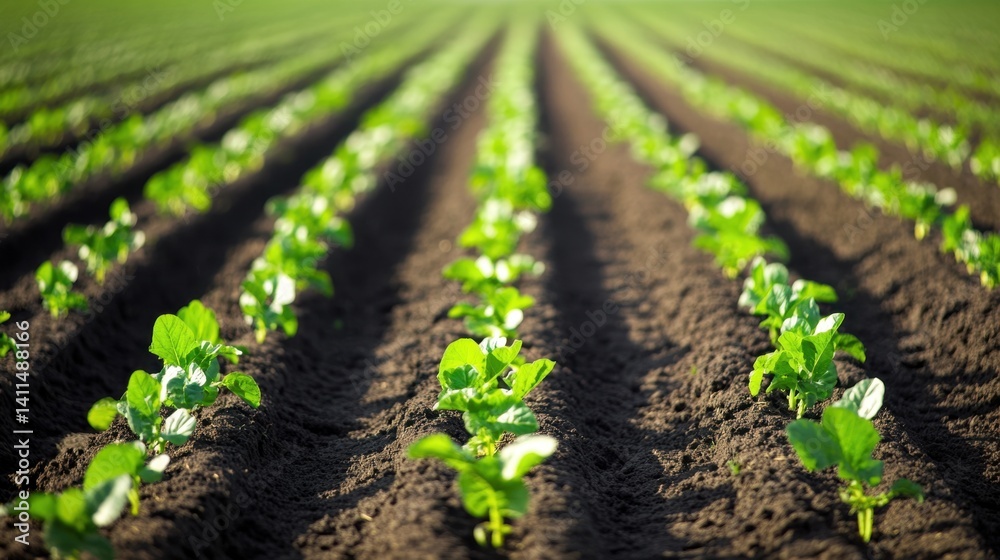 Lush green vegetable rows in a sunlit field, showcasing healthy growth and agriculture Lush green vegetable rows in a sunlit field, showcasing healthy growth and agriculture