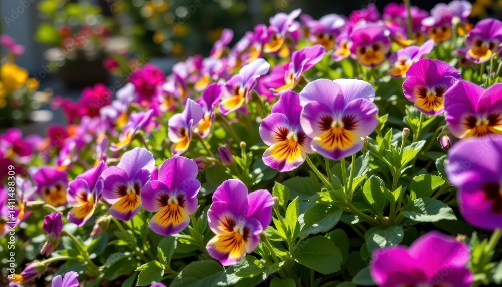 Vibrant Pansy Flowers Blooming in a Colorful Garden Under Bright Sunlight Vibrant Pansy Flowers Blooming in a Colorful Garden Under Bright Sunlight