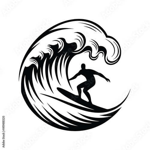 Surfer Silhouette on Wave Black Minimalist Design, Sea Sport, Ocean Ride, Simple Art
