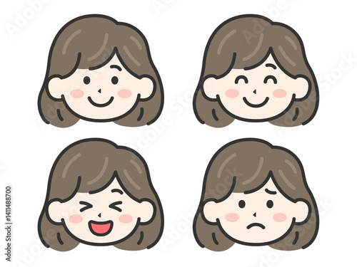 いろいろな表情をした、女性の顔（線画カラー）のイラストセット