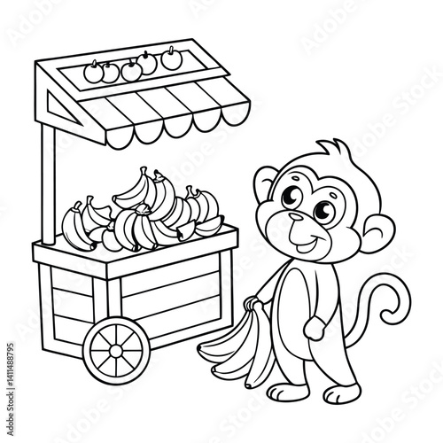 Adorable Cartoon Monkey Buying Bananas Under a Market Stall Umbrella