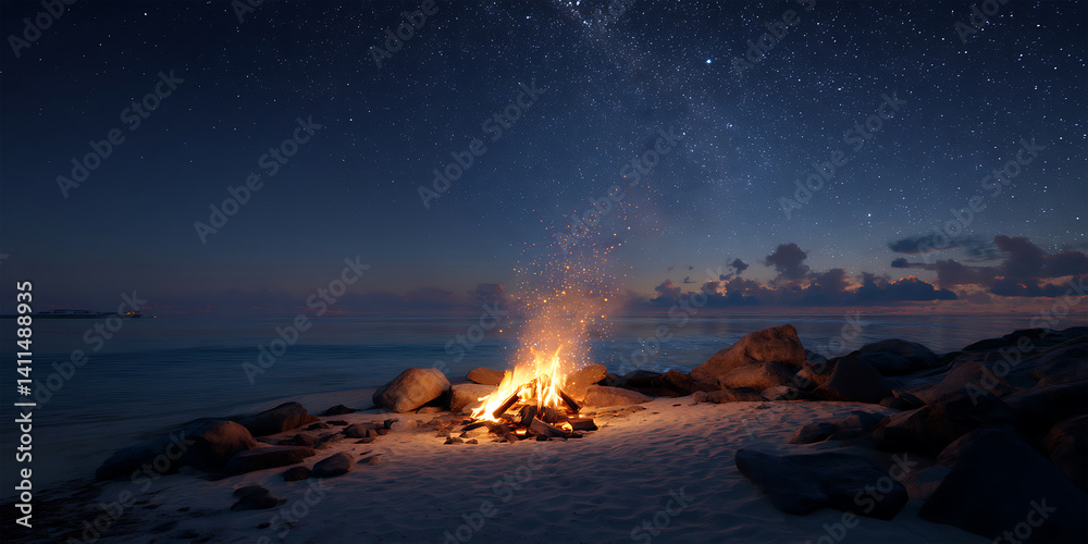 Naklejka premium Campfire on a Beach at Night with Stars Above for Beach Camping, Outdoor Design, and Night Sky Projects