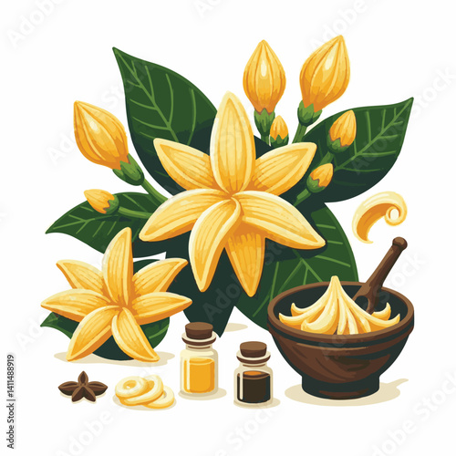 plant, blossom, nature, flora, bloom, aromatherapy, flower, natural, aroma, yellow, leaf, tropical, beauty, cananga, perfume, green, isolated, botanical, background, spa, essential, fragrance, organic