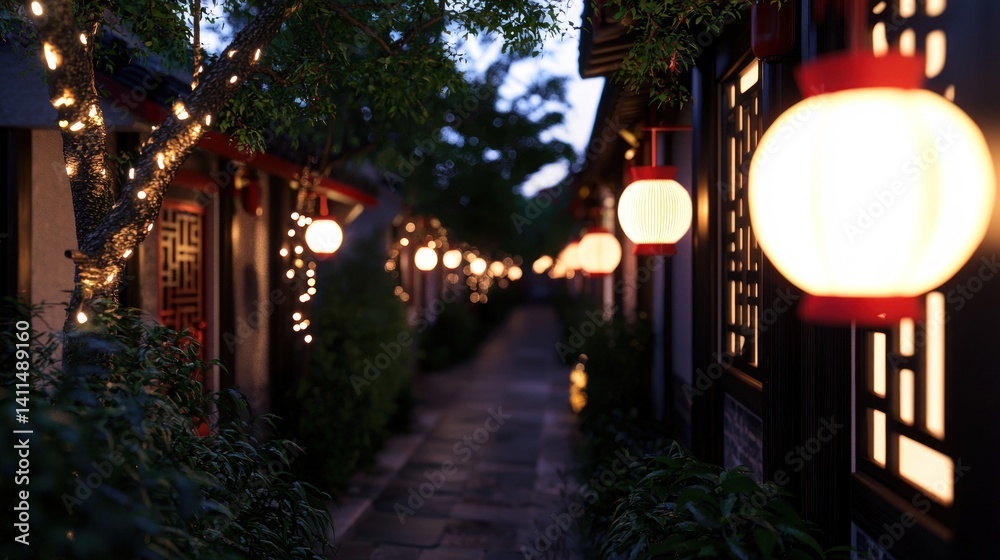 Fototapeta premium Asian alleyway at night, lanterns, trees, traditional architecture