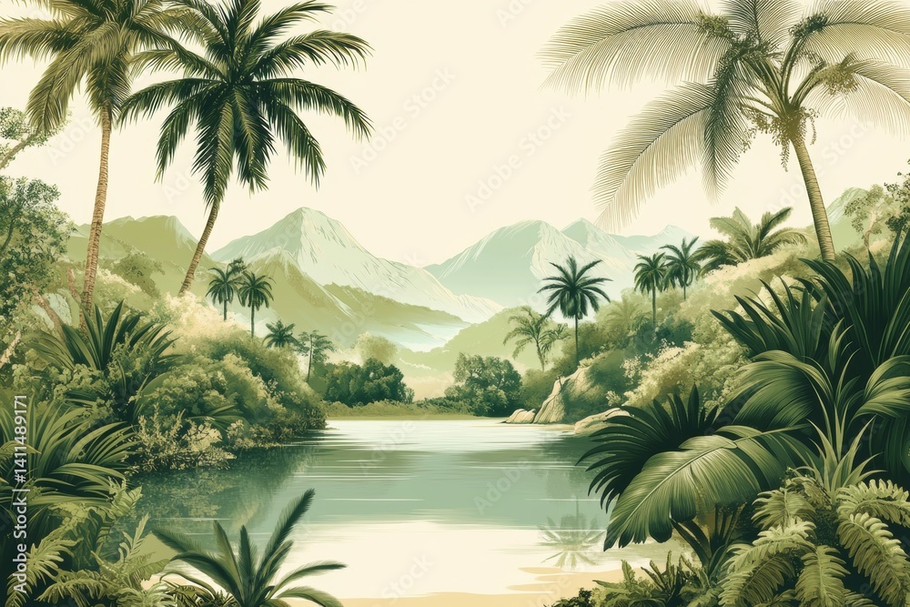 Fototapeta premium Wallpaper serene tropical landscape painting in pastel tones