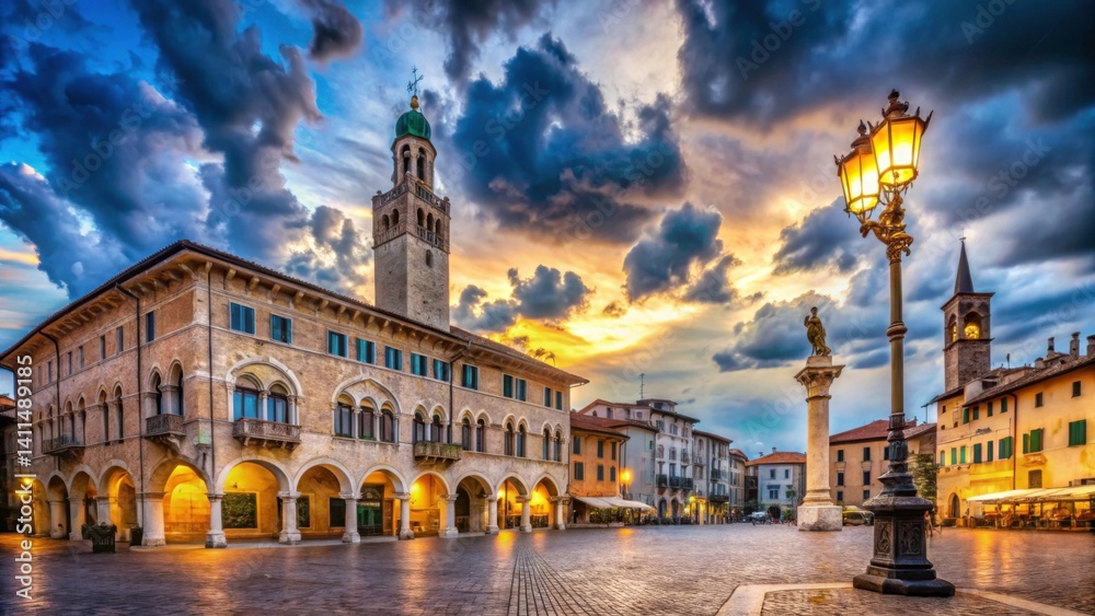 Fototapeta premium Beautiful Historic Square at Dusk with Dramatic Cloudy Sky