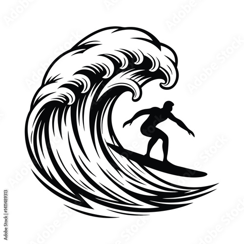 Surfer Silhouette Riding Massive Wave, Black And White Ocean Art, Water Sport