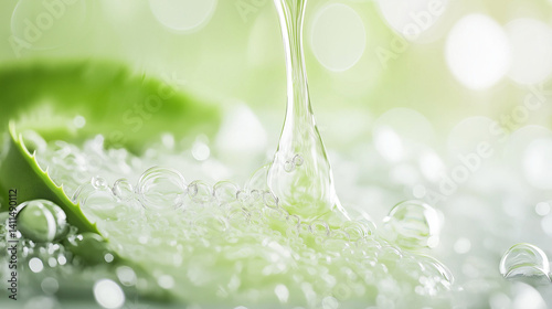 Close-up of aloe toner being poured onto a cotton pad, gentle texture, clear green liquid, bright background

