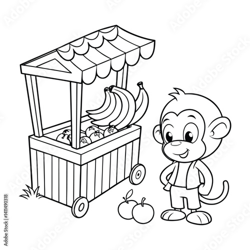 Adorable Cartoon Monkey Buying Bananas Under a Market Stall Umbrella