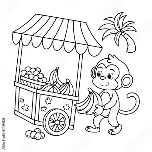 Adorable Cartoon Monkey Buying Bananas Under a Market Stall Umbrella