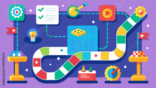 A colorful and interactive board game where players have to use coding concepts to advance through different levels and reach the finish line.. Vector illustration