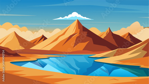 The distant mountains once reflected in the reservoirs calm waters now loomed over its dry basin as a reminder of the scarce resources in the region.. Vector illustration