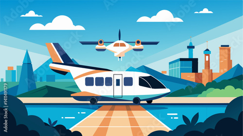 As the eVTOL prepares for its next flight travelers cant help but feel grateful for the advanced technology that has made air travel more efficient and enjoyable than ever before.. Vector illustration