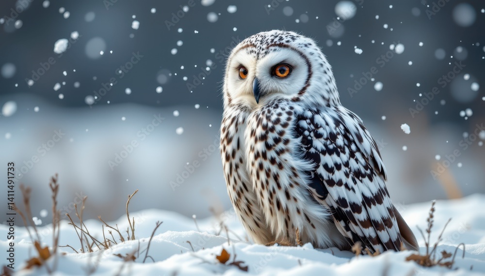 Fototapeta premium Beautiful snowy owl perched in winter landscape with falling snowflakes creating a serene and magical atmosphere