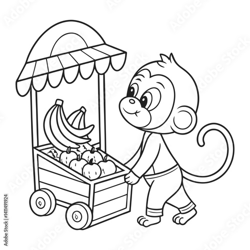 Adorable Cartoon Monkey Buying Bananas Under a Market Stall Umbrella