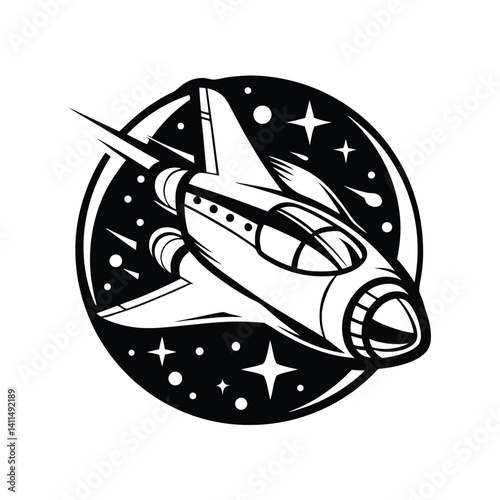 Vintage Space Rocket in Flight Black & White Ink Style Design, Starry Sky Backdrop