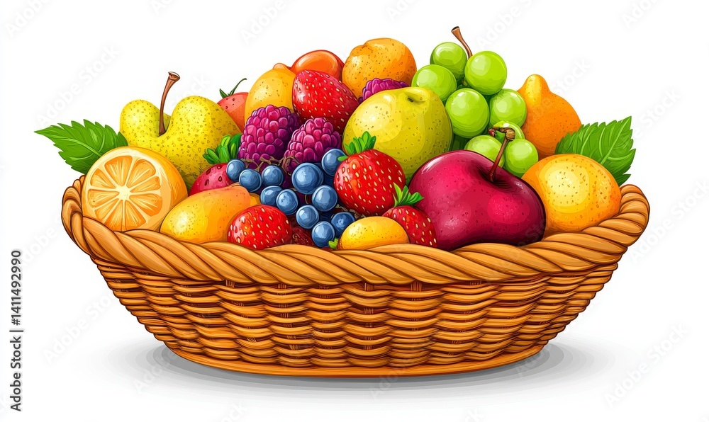 A colorful illustration of a fruit basket overflowing with apples, pears, and oranges A colorful illustration of a fruit basket overflowing with apples, pears, and oranges