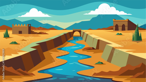 The crumbling remnants of old dams and water channels now stand as reminders of a time when this riverbed was full of lifegiving water.. Vector illustration
