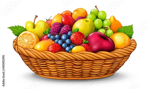 A colorful illustration of a fruit basket overflowing with apples, pears, and oranges