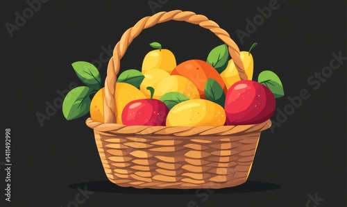 Vibrant depiction of a fruit basket filled with apples, pears, and oranges