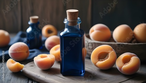 Essential oil of apricot and apricot kernels. Cosmetic bottle with apricot essential oil and fresh apricot fruits on a wooden table
