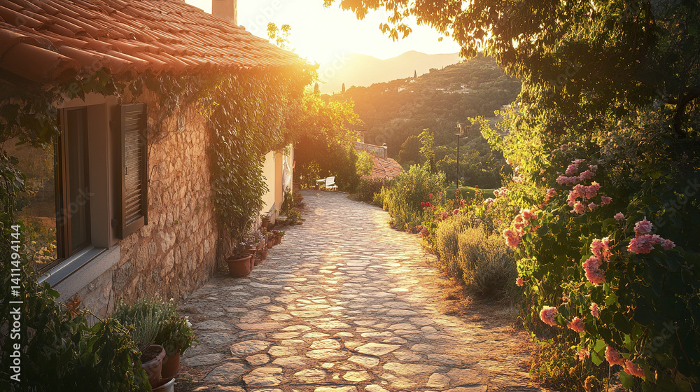 Obraz premium Charming stone path leads to Mediterranean villa at sunset
