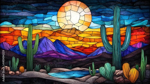 Vibrant Stained Glass Landscape with Cacti and Sunset Colors