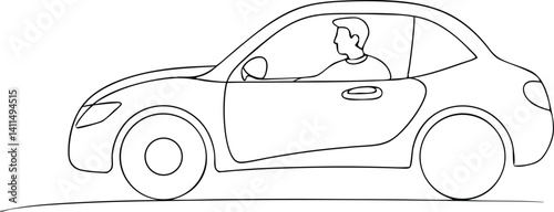 Stylized compact sedan car front-facing with seated driver in continuous line art style, perfect for car dealer promotions, automobile brochures, or driving-related vector projects