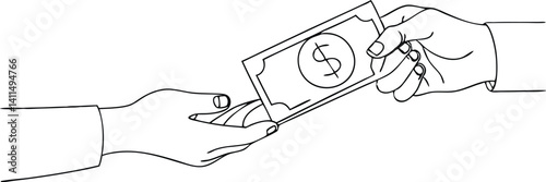 Single dollar bill handover in minimalist continuous line style, perfect for transaction illustrations, salary handoff icons, lending visuals, and digital finance content for business platforms