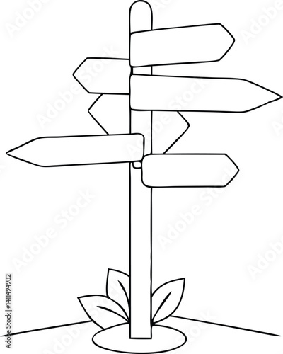 Nature-themed continuous line drawing of a directional signpost with leaves at the base, ideal for eco-travel branding, outdoor adventure guides, hiking maps, and sustainable tourism visuals