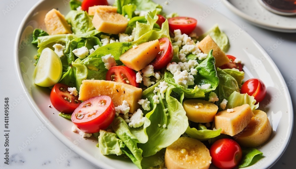 Fresh Salad With Tomatoes Cheese And Greens On Plate Fresh Salad With Tomatoes Cheese And Greens On Plate