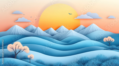 A serene landscape with mountains, a sunset, and stylized trees in soft colors.