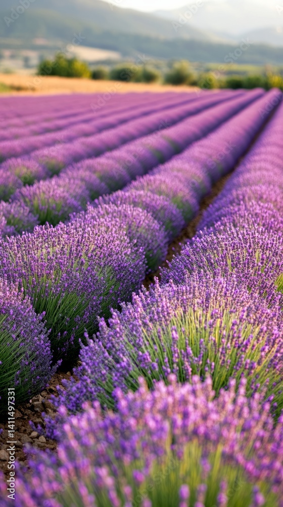 Fototapeta premium Lavender fields stretch across the horizon, alive with vibrant purple hues during sunset, offering a serene and picturesque farming landscape ideal for relaxation