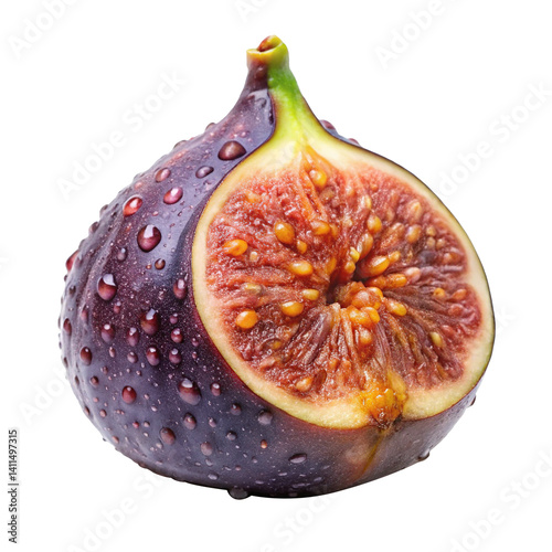 Delicious ripe fig cut in half and covered with refreshing water droplets