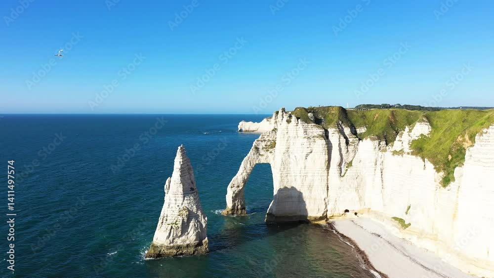 The famous chalk cliffs of etretat, in Europe, in France, in Normandy, in Seine Maritime, between Fecamp and Le Havre, in summer, on a sunny day.