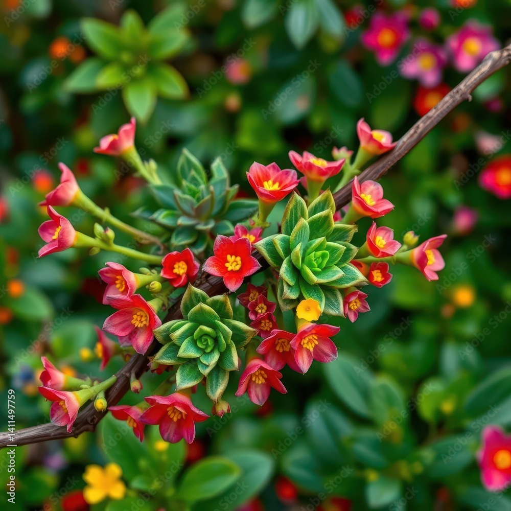 Vibrant succulent branch, colorful blooms, lush foliage, design, spring