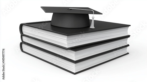 Graduation cap on stack of books isolated on white background
