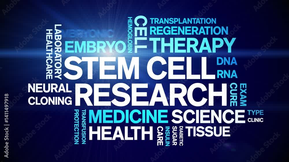 Stem Cell Research animated word cloud;text design animation tag kinetic typography seamless loop.