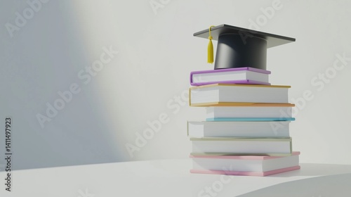 Stack of pastel books with graduation cap on light background